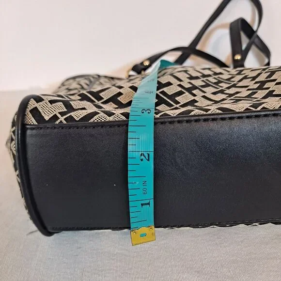 Tommy Hilfiger Shopper Tote Bag Signature TH Pattern Black 9-1/2"×10"×2-1/2" - Picture 4 of 15